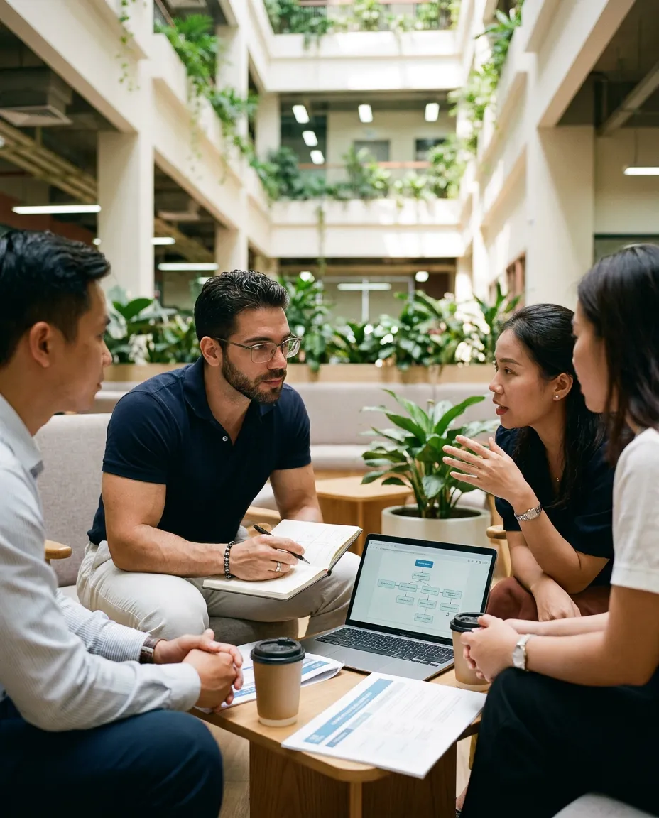 A SOPAI founder working through an AI workflow one-on-one with a client at a laptop