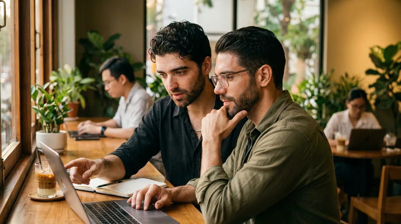 The two SOPAI founders, Michael and Ilan, working side by side at a laptop in a Ho Chi Minh City café