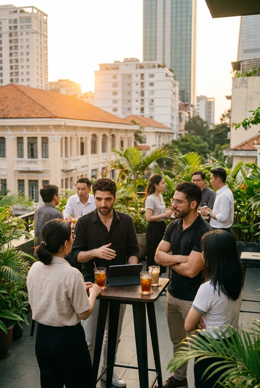 The SOPAI founders and a client team gathered on a Ho Chi Minh City rooftop
