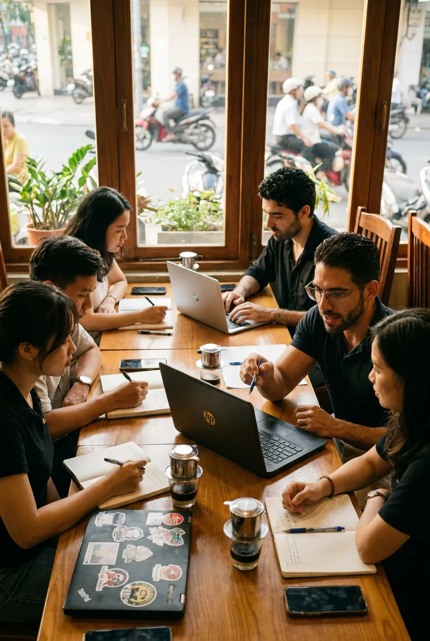 The SOPAI founders and participants around a table in a Ho Chi Minh City cafe during a small-group session