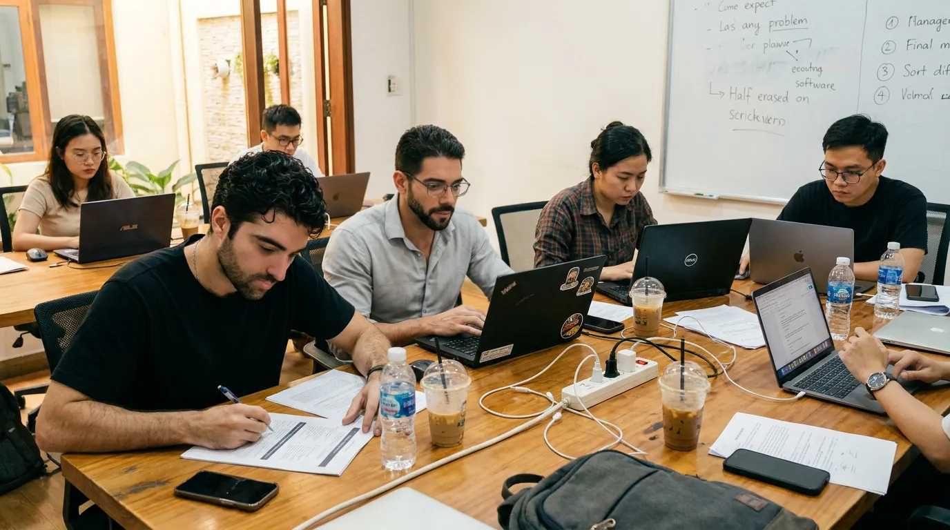 A SOPAI working session — a team building together around laptops and a whiteboard in Ho Chi Minh City