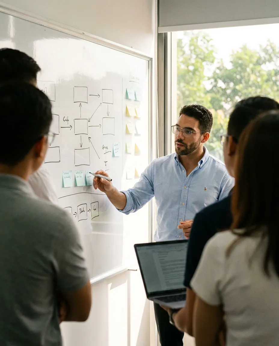 Two SOPAI engineers mapping out an AI-assisted build on a whiteboard