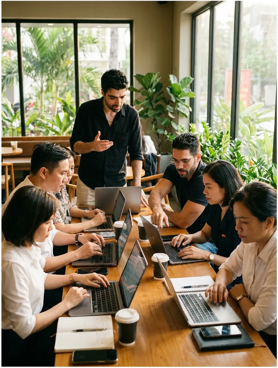 A facilitator leading a hands-on AI workshop with a team gathered around laptops